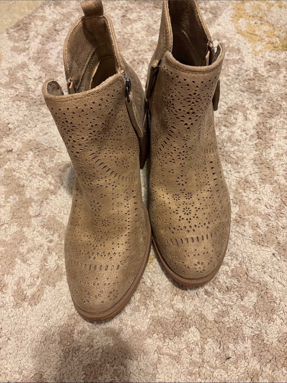 Very G Tan Perforated Suede Ankle Booties